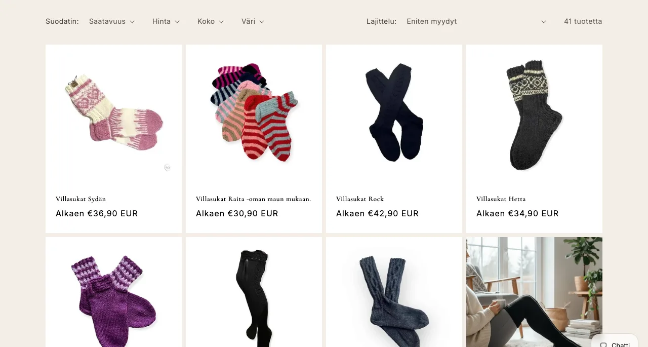 Suomalaisen Shopify-kaupan kategoriasivu, jossa näkyvät suodattimet ja tuoteruudukko