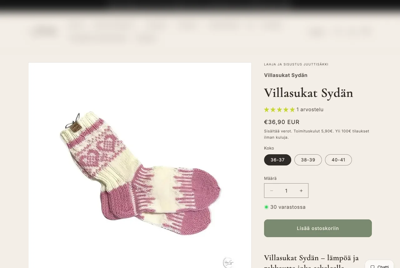 Suomalaisen Shopify-kaupan tuotesivu