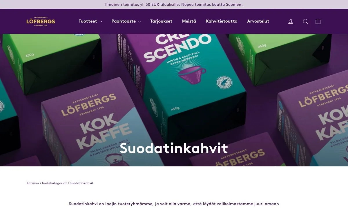 Suodatinkahvit-kategoriasivu Löfbergsin verkkokaupassa