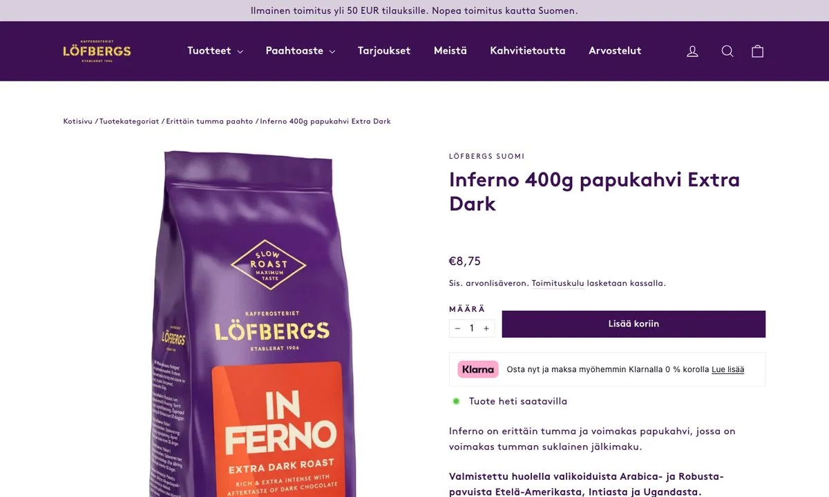 Inferno 400 g papukahvi -tuotesivu Löfbergsin verkkokaupassa