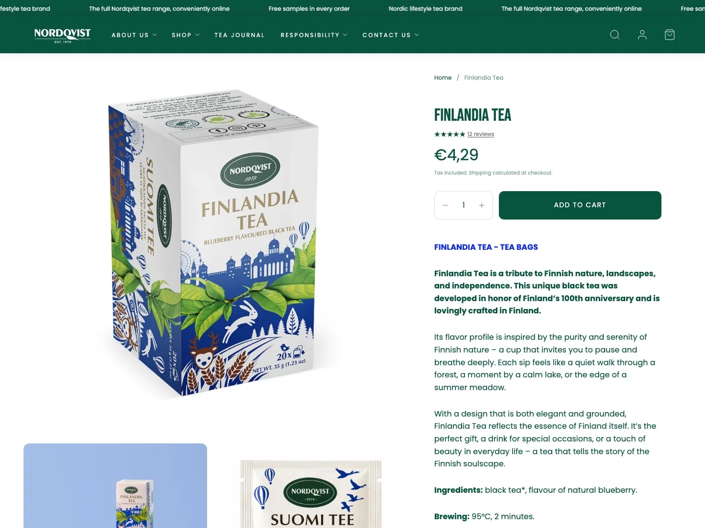 Finlandia Tea -tuotesivu Nordqvistin kansainvälisessä verkkokaupassa